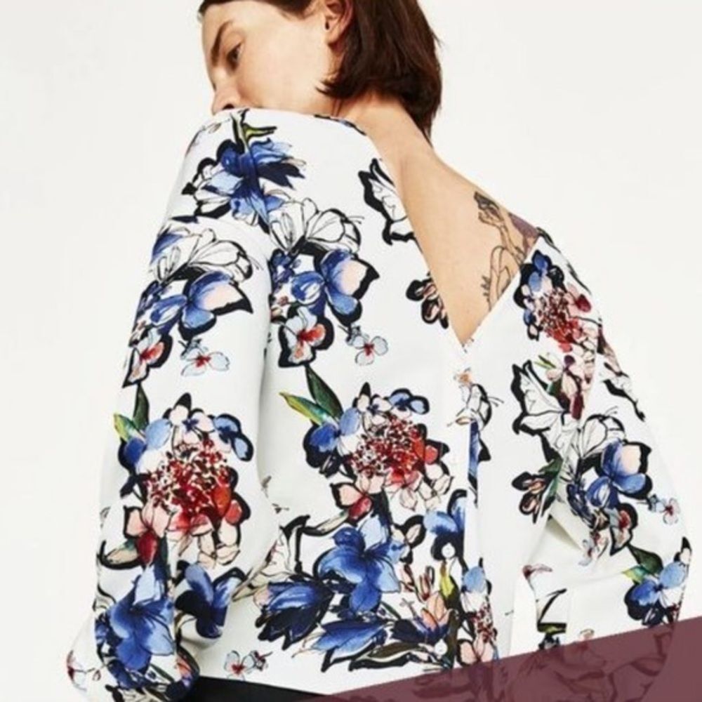 Zara white floral top with button back
